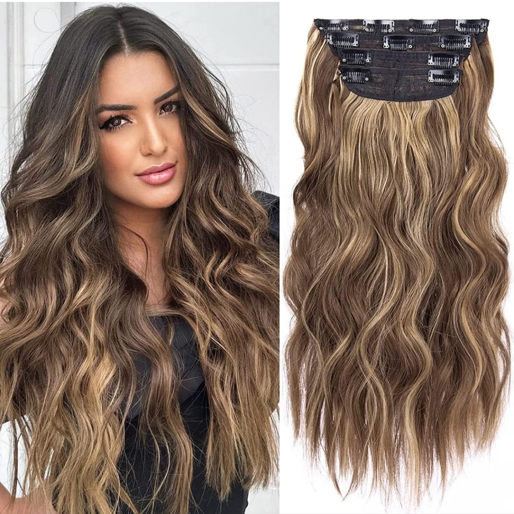Clip in Hair Extensions 4PCS Blonde Highlighted Medium Brown